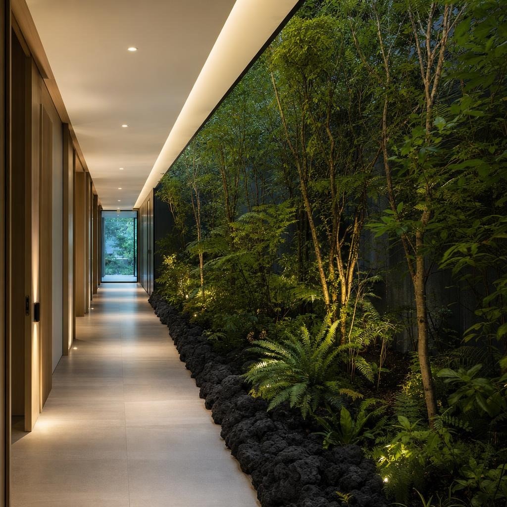 Interior con diseño biofílico y luz natural