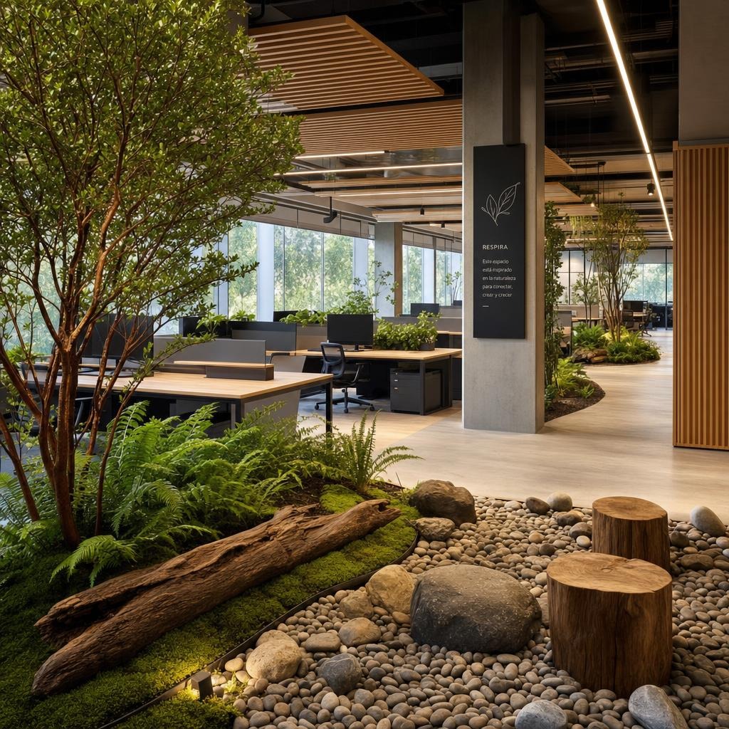 Espacio interior con diseño biofílico
