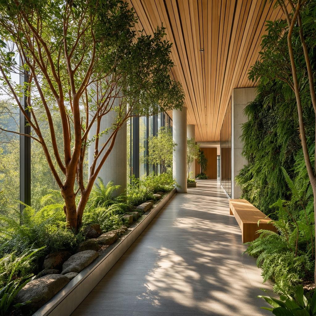 Espacio biofílico con plantas interiores